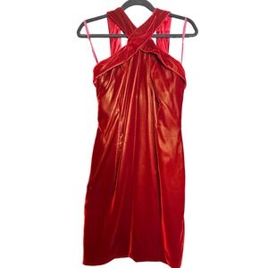 Victor Costa Vintage Red Velvet Halter Cocktail Dress Criss Cross Neckline 80s